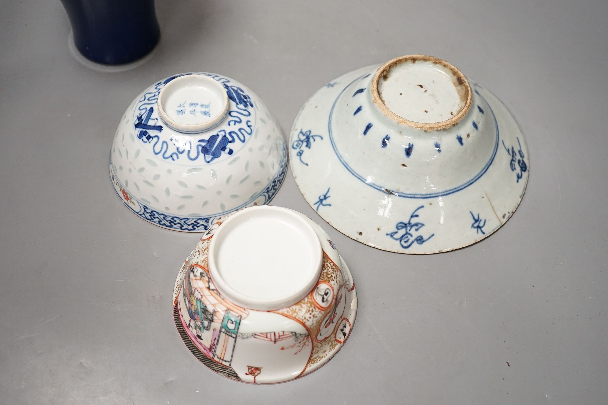 A Chinese blue glazed meiping, 20cm, and three Chinese bowls